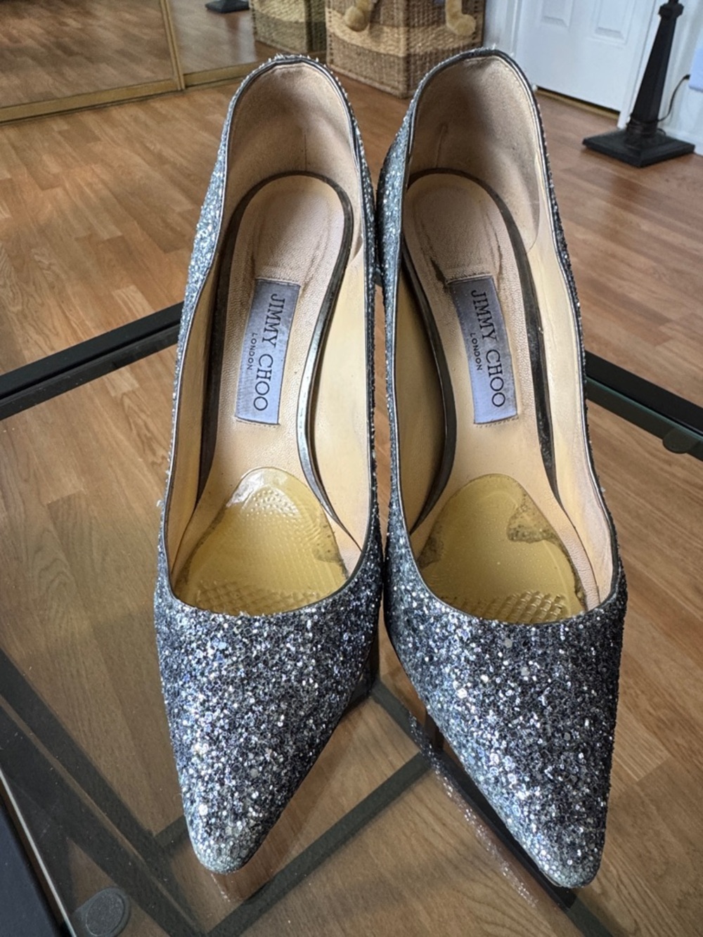Jimmy Choo Silver Glitter Pointed Pumps,size 38,5